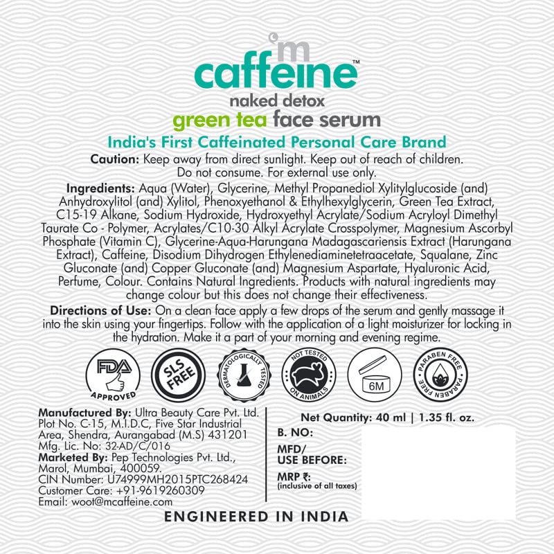 mCaffeine Green Tea Hydrating Face Serum for Glowing Skin with Vitamin C & Hyaluronic Acid | Reduces Dark Spots, Pigmentation & Prevents Sun Damage | For Men & Women | 72 Hrs Hydration