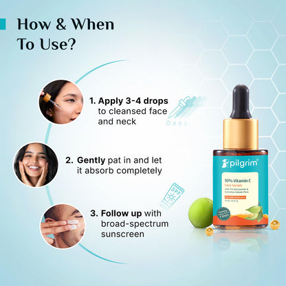 Pilgrim 10% Vitamin C Serum 30ml for Glowing Skin|With 5% Niacinamide, Hyaluronic & Glycolic Acid|Fades Dark Spots, Pigmentation|For All, Oily, Combination, Normal Skin |Beginner Friendly - Men, Women