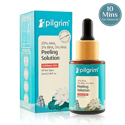Pilgrim 25% AHA + 2% BHA + 5% PHA Peeling Solution 30ml For Face & Body |10-Minute Facial At Home|Gentle Exfoliating Serum for Tan Removal |For Glowing Skin, Even Skin Tone, Pore Cleansing |Men, Women
