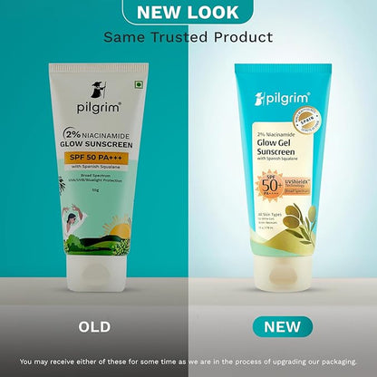 Pilgrim 2% Niacinamide Glow Sunscreen SPF 50 +++ for men and women with Spanish Squalane | Enhances Glow, Broad spectrum, Non-greasy, No white cast & Prevents Tanning | All skin types | 50 gm