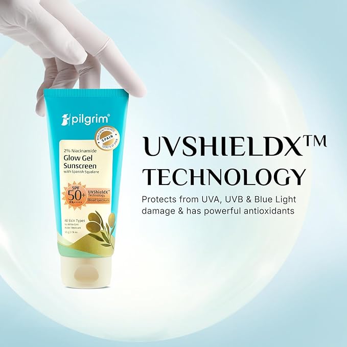 Pilgrim 2% Niacinamide Glow Sunscreen SPF 50 +++ for men and women with Spanish Squalane | Enhances Glow, Broad spectrum, Non-greasy, No white cast & Prevents Tanning | All skin types | 50 gm