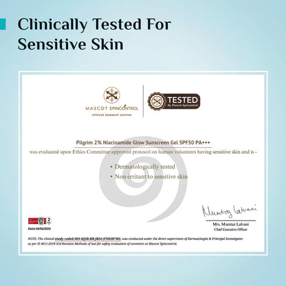 Pilgrim 2% Niacinamide Glow Sunscreen SPF 50 +++ for men and women with Spanish Squalane | Enhances Glow, Broad spectrum, Non-greasy, No white cast & Prevents Tanning | All skin types | 50 gm