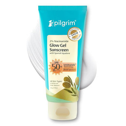 Pilgrim 2% Niacinamide Glow Sunscreen SPF 50 +++ for men and women with Spanish Squalane | Enhances Glow, Broad spectrum, Non-greasy, No white cast & Prevents Tanning | All skin types | 50 gm