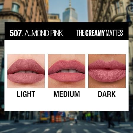 Maybelline New York Matte Lipstick, Intense Colour, Moisturised Lips, Color Sensational Creamy Matte, 507 Almond Pink