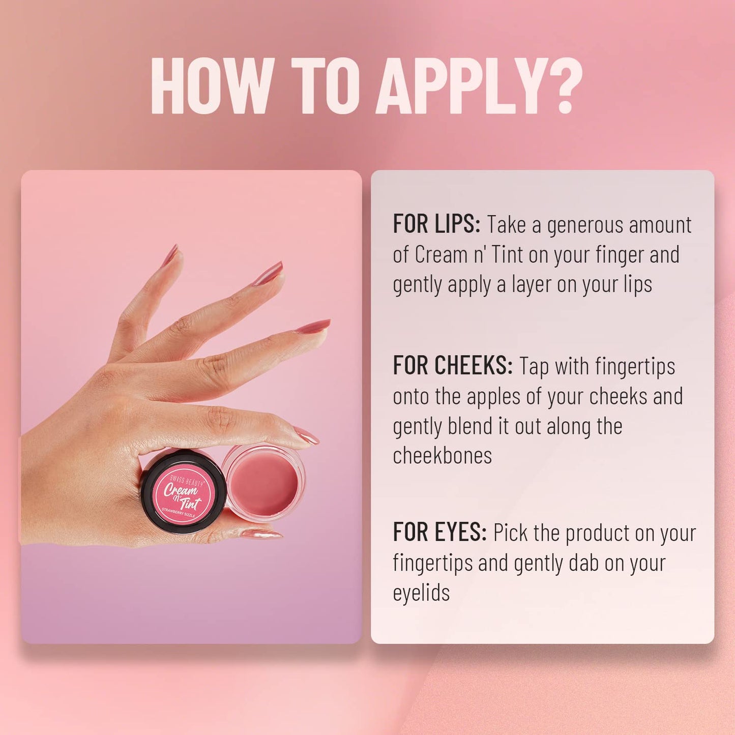 Swiss Beauty 3-in-1 Cream N'Tint for Lips,eyes and cheeks| Long lasting and easily blendable | With Jojoba oil and Glycerine