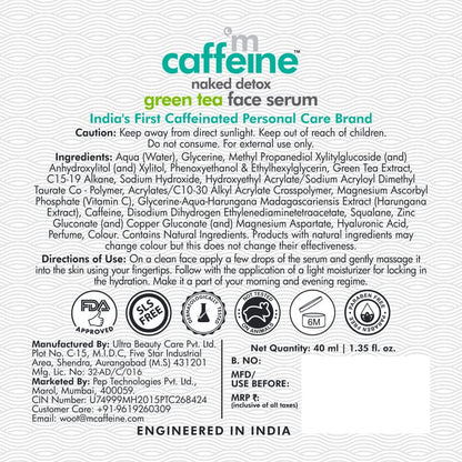 mCaffeine Green Tea Hydrating Face Serum for Glowing Skin with Vitamin C & Hyaluronic Acid | Reduces Dark Spots, Pigmentation & Prevents Sun Damage | For Men & Women | 72 Hrs Hydration