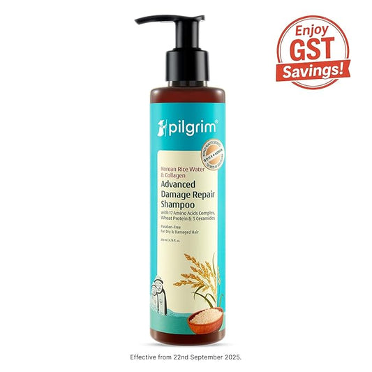 Pilgrim Korean Rice Water & Collagen Advanced Damage Repair Shampoo - 200ml | with 17 Amino Acids, Wheat Protein & 5 Ceramides | Paraben-Free | For Dry & Damaged Hair | For Women and Men