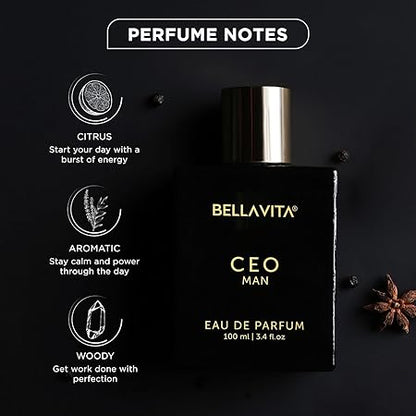 Bella Vita Luxury CEO MEN Long Lasting Perfume for Man | EDP 100ml | Lemon, Lavender, Tonka, Mandarin & Vetiver | Woody, Citrus Premium Fragrance | Ideal for Every Moment