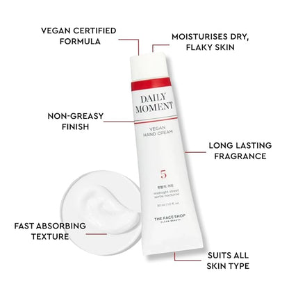 The Face Shop Daily Moment Vegan Hand Cream Noon Park with Hyaluronic Acid & Shea Butter, Non-Greasy & Quick absorbing hand care cream, 30ml