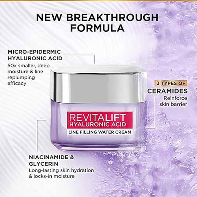 L'Oréal Paris Hyaluronic Acid Line Filling Water Cream, Moisturiser, Hyaluronic Acid for Hydration, Replumps Skin, Ceramides for Skin Barrier Repair, Reduces Fine Lines,