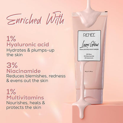 RENEE Lumi Glow Highlighting Moisturizer | Enriched with 3% Niacinamide & 1% Hyaluronic Acid | Prevents Photoaging & UV Damage | Reduces Pigmentation, Fine Lines & Wrinkles | Non-Sticky | Glowing Skin |