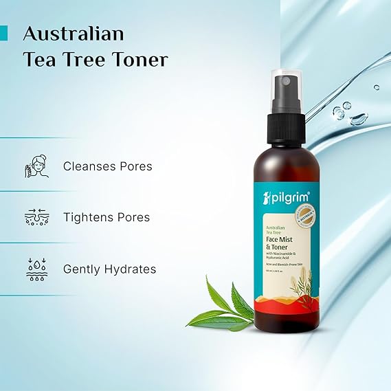 Pilgrim Tea Tree & 2% Niacinamide face toner for oily skin, acne & blemish prone skin | Toner for open pores tightening, pore cleansing & glowing skin | Women & Men | 100 ml