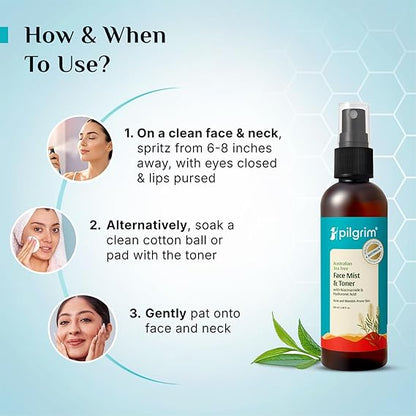 Pilgrim Tea Tree & 2% Niacinamide face toner for oily skin, acne & blemish prone skin | Toner for open pores tightening, pore cleansing & glowing skin | Women & Men | 100 ml